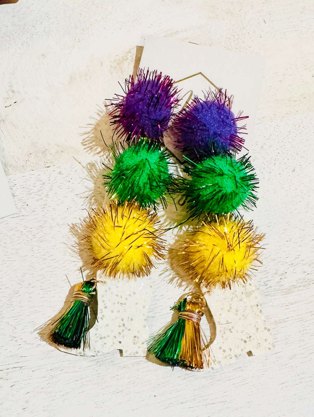 Mardi Gras Pom Pom Balls and Boots Earrings