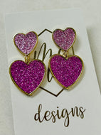 Glitter Pink Triple Heart earrings