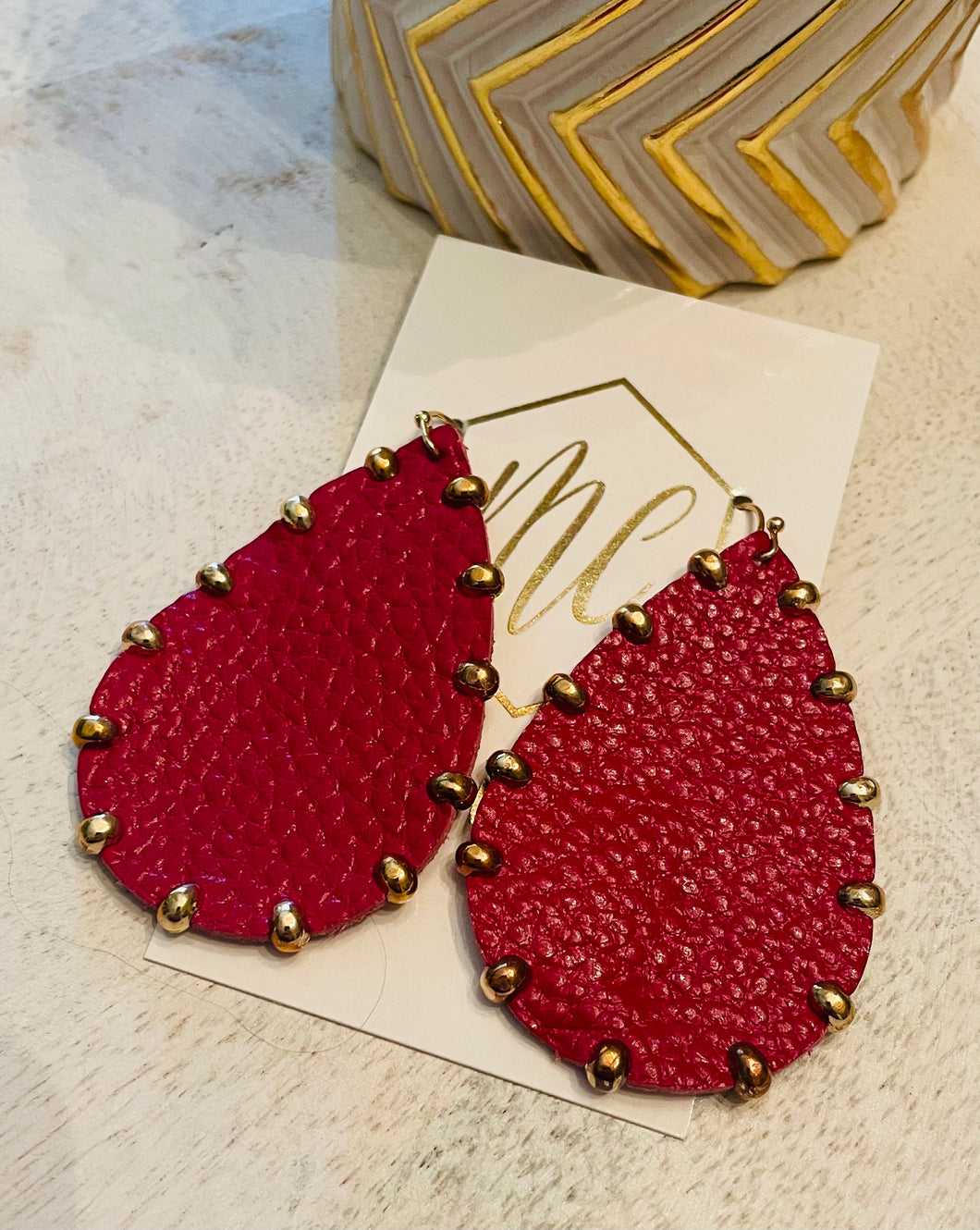 Leather and Gold Teardrop Earrings
