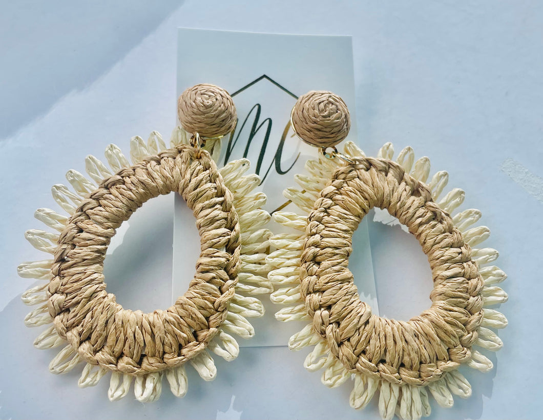 Large Tan and Cream Rattan Earrings