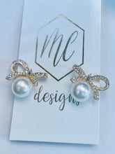 Pearl Bow Rhinestone Post Dangle Earrings