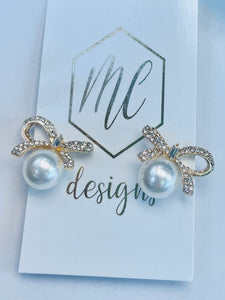 Pearl Bow Rhinestone Post Dangle Earrings