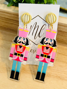 Pink and Teal Acrylic Nutcracker Christmas Earrings