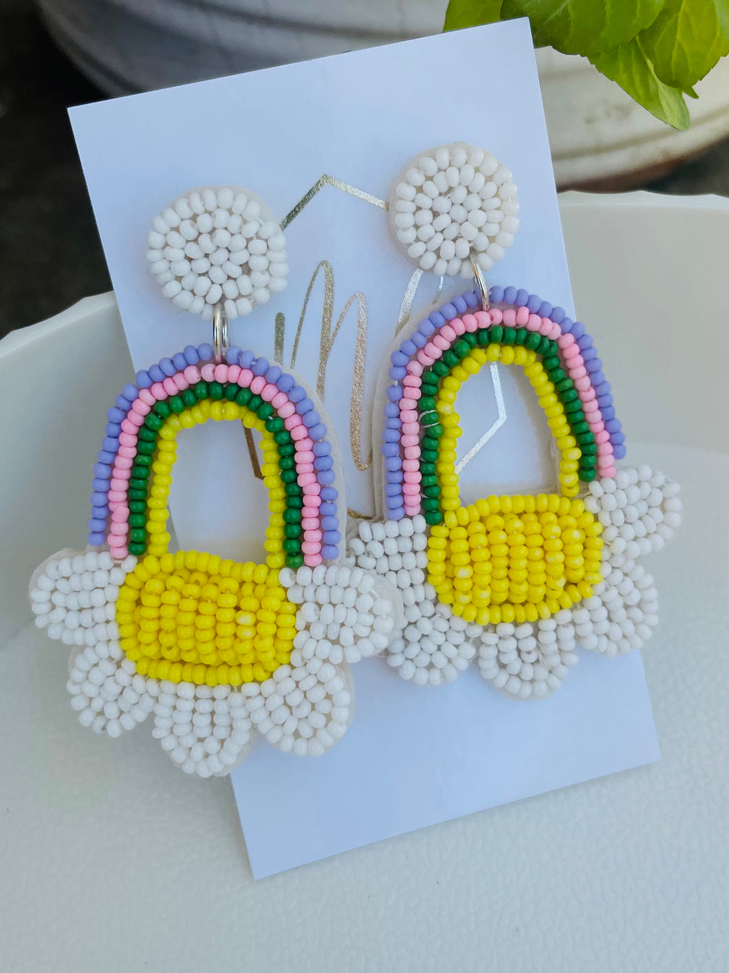 Beaded Flower Basket Rainbow Earrings