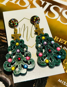 Christmas Tree Earrings with Glitter Top