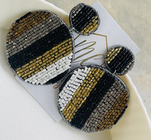 Large Round Beaded Black and Gold Earrings