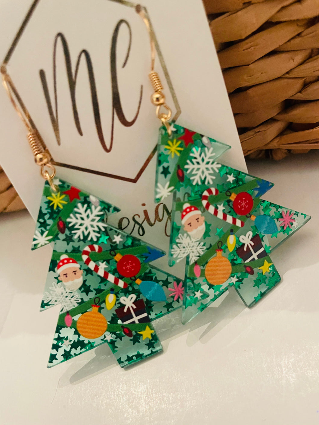 Green Star Glitter Christmas Tree Earrings