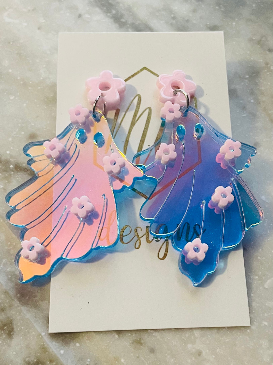 Pink Flower and Blue Ghost Earrings