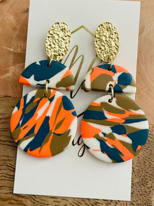 Triple bright orange/white/blue clay earrings