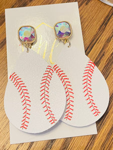 Leather Baseball Earrings with Iridescent Tops