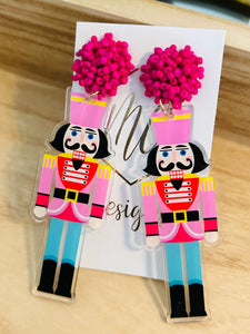 Pink and Teal Acrylic Nutcracker Christmas Earrings