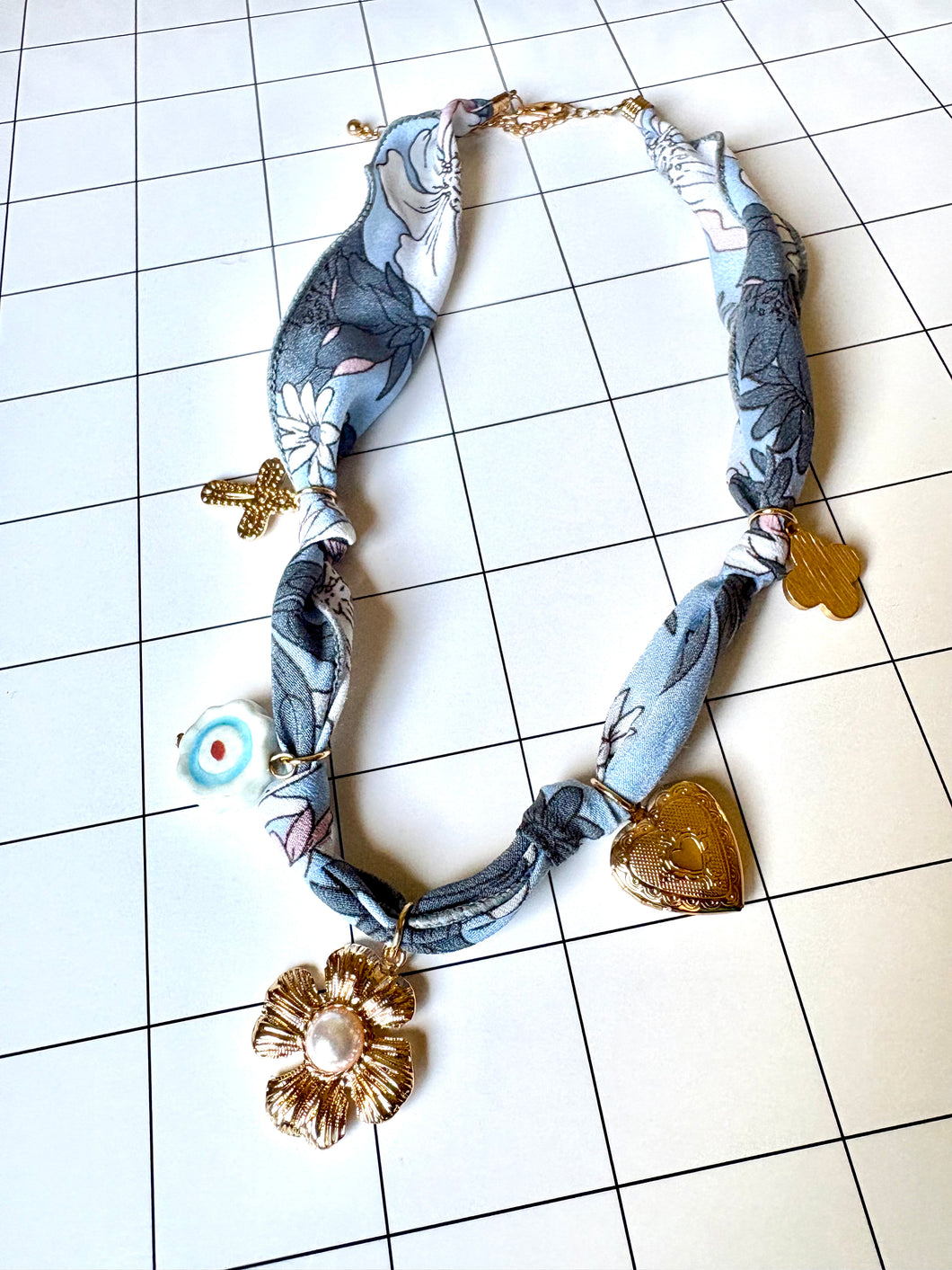 Blue and Gold Floral Scarf Necklace