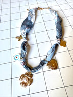 Blue and Gold Floral Scarf Necklace