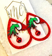 Oval Red Glitter Grinch Christmas Ornament Earrings