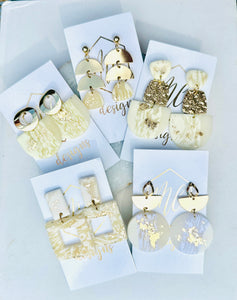 White and Gold Flake Clay Earrings