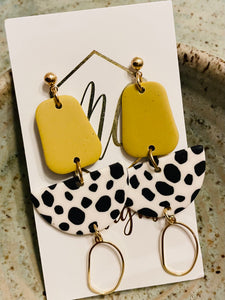 Mustard Black White Dot Clay Earrings