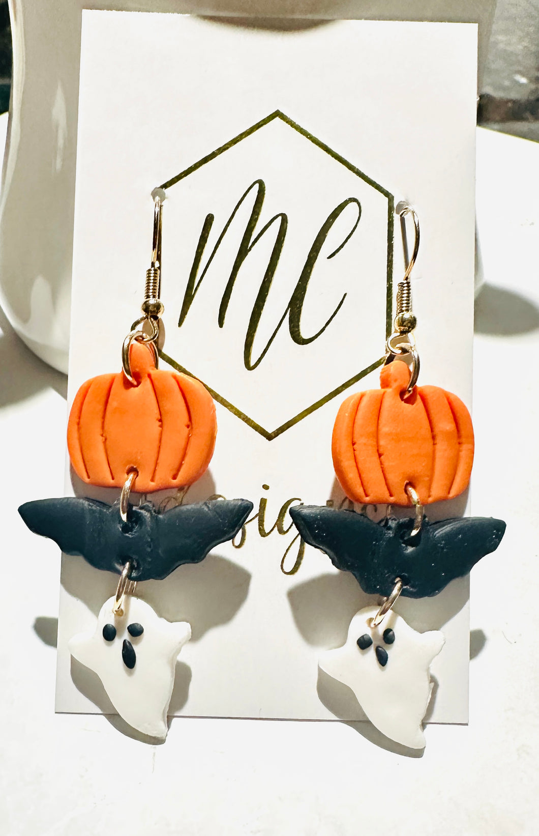 Clay Pumpkin Bat Ghost Earrings