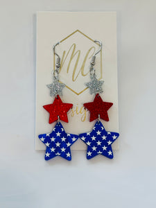 America Glitter Star and Heart Triple Earrings - Acrylic