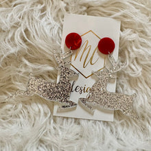 Silver Glitter Leaping Reindeer Christmas Earrings