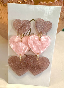 Triple Heart Glitter Acrylic Valentine Earrings -Descending