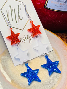 America Glitter Star and Heart Triple Earrings - Acrylic