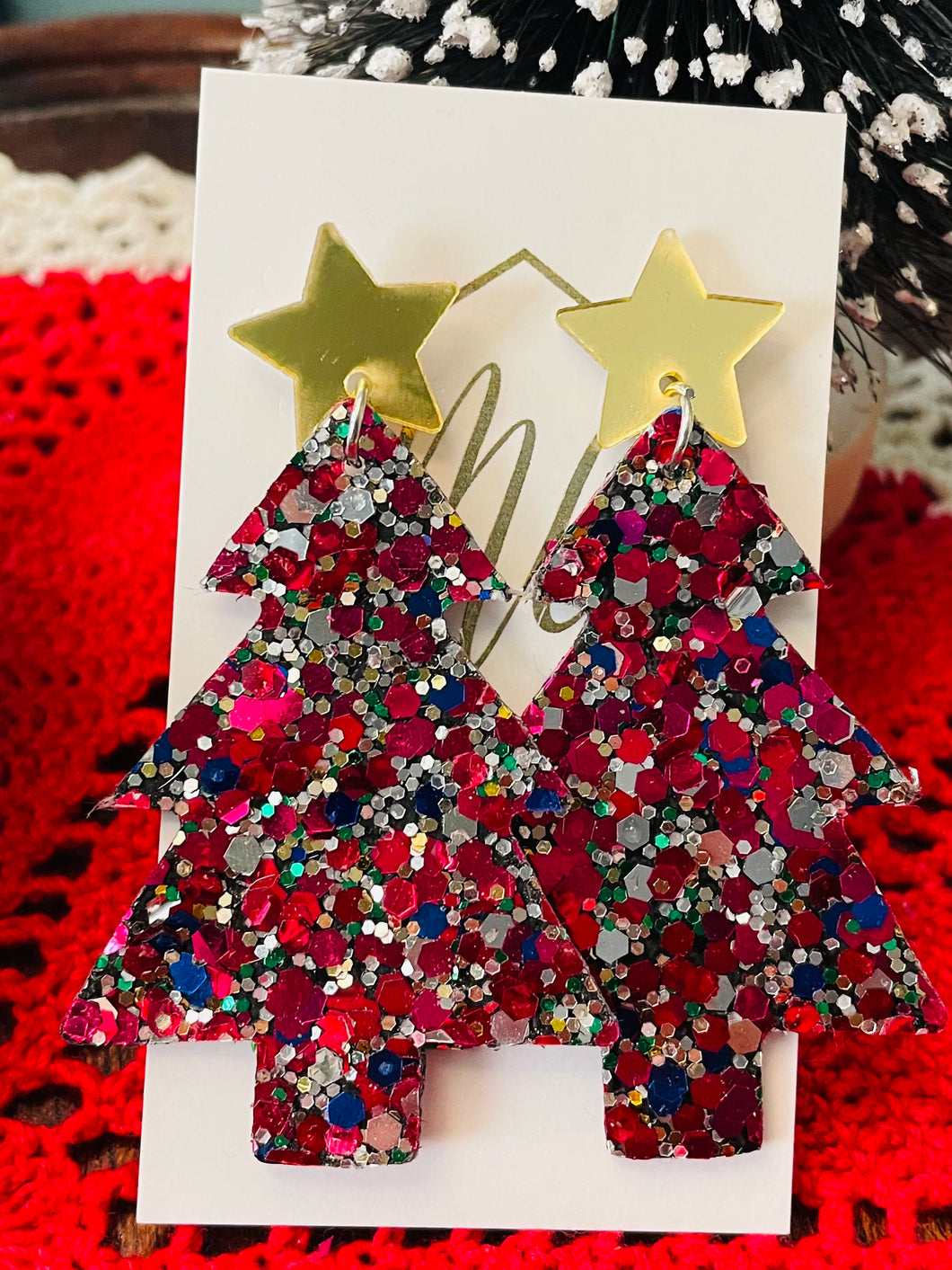 Confetti Glitter Christmas Tree Earrings with Star