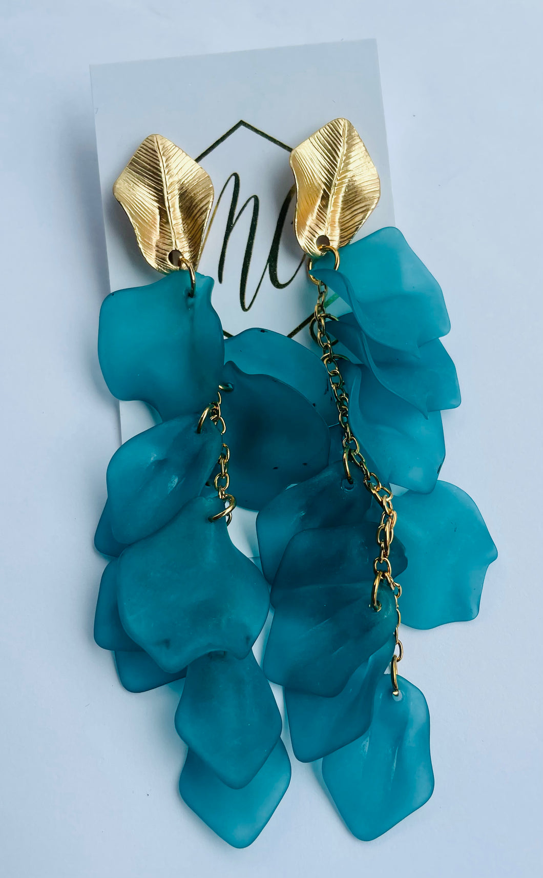 Translucent Long Acrylic Petal Earrings with Gold Leaf Post