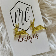 Gold Glitter Leaping Reindeer Christmas Stud Earrings
