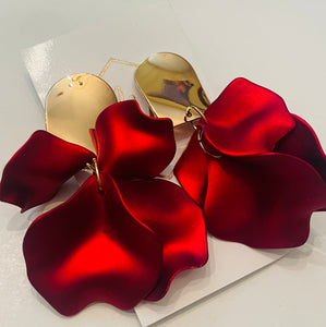 Gold Dangle Flower Petal Earrings with Shiny Gold Top