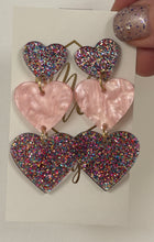 Triple Heart Glitter Acrylic Valentine Earrings -Descending