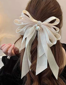 Elegant Pearl Accented Cream Chiffon Bow