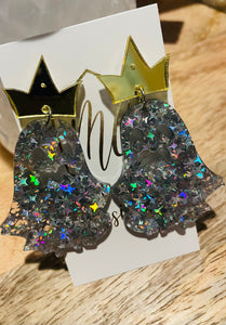 Silver Glitter Ghost with Gold Crown Earrings