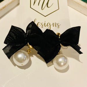 Black Bow and Pearl Earrings