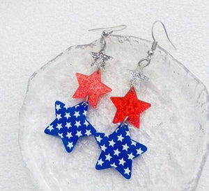 America Glitter Star and Heart Triple Earrings - Acrylic