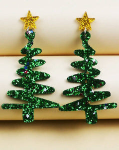 Leather Glitter Christmas Trees with a Star Top Earrings