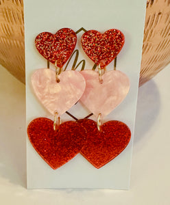 Triple Heart Glitter Acrylic Valentine Earrings -Descending