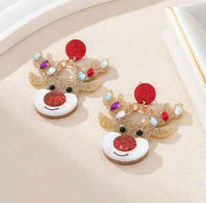 Fun Glitter Christmas Rudolph Reindeer Earrings