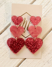 Triple Heart Glitter Acrylic Valentine Earrings -Descending