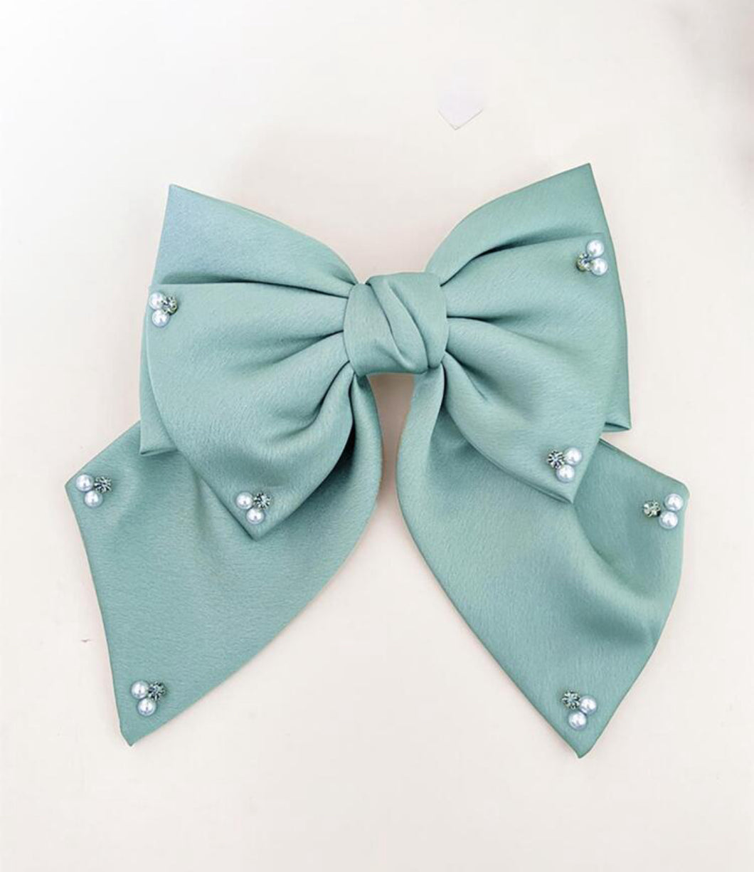 Hair Bow Clip Adorned with Pearl Accents