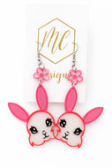 Pink Acrylic Easter Bunny Earrings with Flower Stud