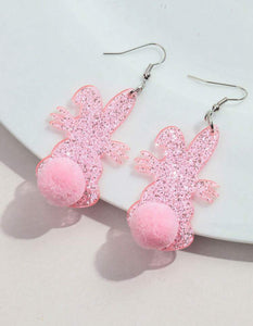 Glitter Bunny with Pom Pom Tail Earrings