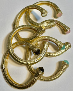 Jeweled Ended Ornate Hammered Gold Cuff Bracelets