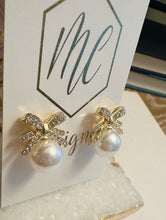 Pearl Bow Rhinestone Post Dangle Earrings
