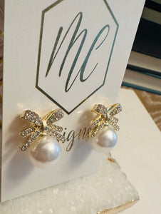 Pearl Bow Rhinestone Post Dangle Earrings