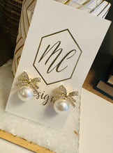 Pearl Bow Rhinestone Post Dangle Earrings