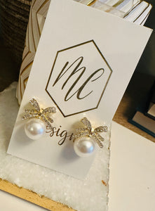 Pearl Bow Rhinestone Post Dangle Earrings