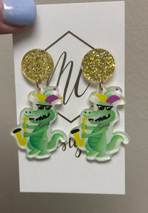 Acrylic Alligator Mardi Gras Earrings