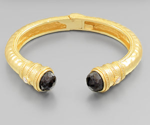Jeweled Ended Ornate Hammered Gold Cuff Bracelets