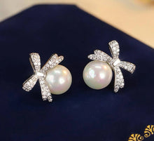 Pearl Bow Rhinestone Post Dangle Earrings