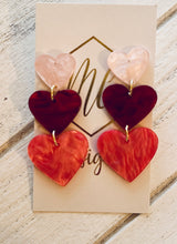 Triple Heart Glitter Acrylic Valentine Earrings -Descending